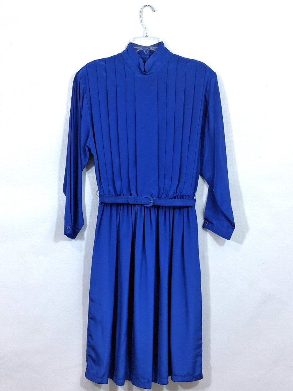 Vintage 80s 90s Silky Pleated Flowy Midi Dress Royal Blue 8 Made in Hong Kong